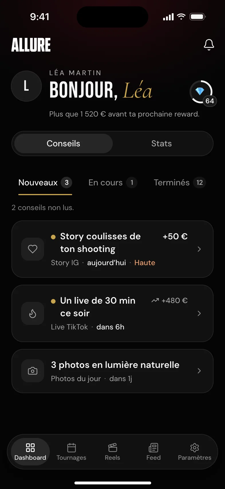Écran d’accueil de l’app ALLURE : trois conseils de l’équipe à faire, avec leur échéance et leur priorité
