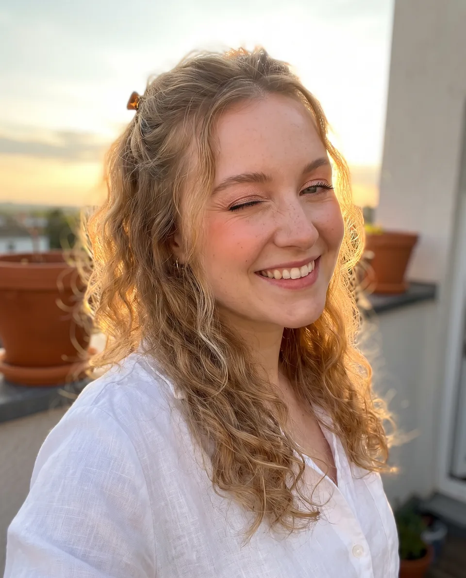 Jeune femme blonde qui sourit et fait un clin d’œil, au soleil
